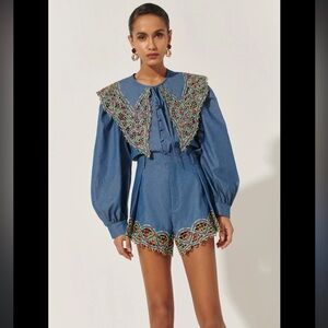Nwot Begoña Top Blue denim button up poplin crochet collar CELIA B $300 spring